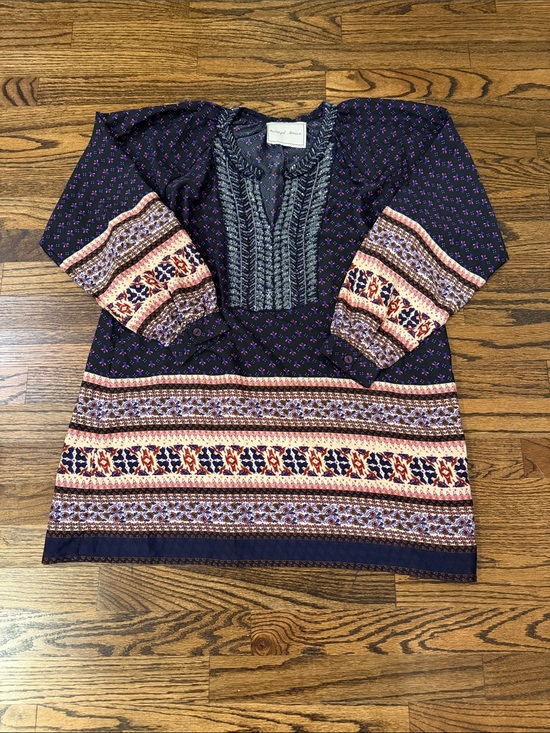 Beautiful Stories Tops - Purple Printed Boho Tunic with Pink & Cream Border